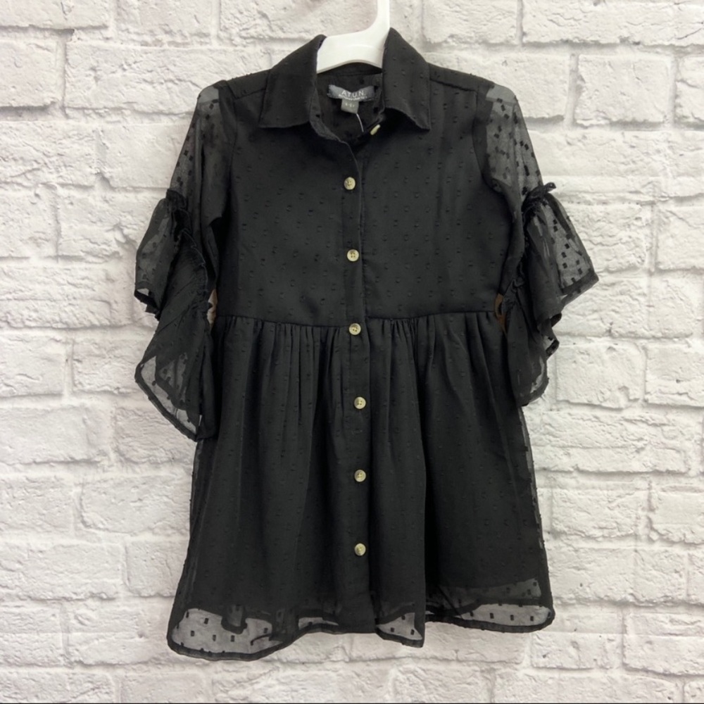 ATUN All Things Uber Nice Claudia Shirt Dress Size 4-5Y Bell Sleeve Black NWT
